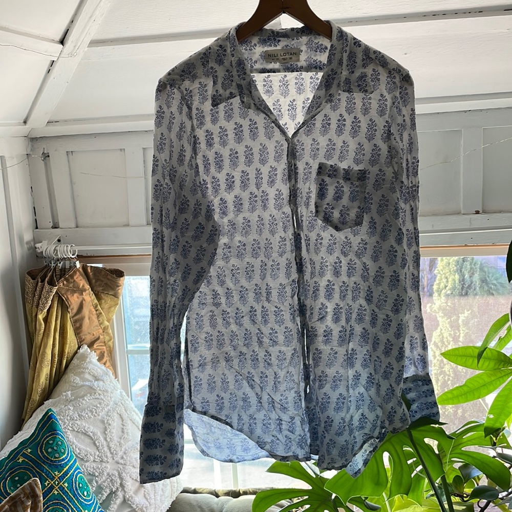 Nili Lotab Designer Cotton Floral Block Print Button Down